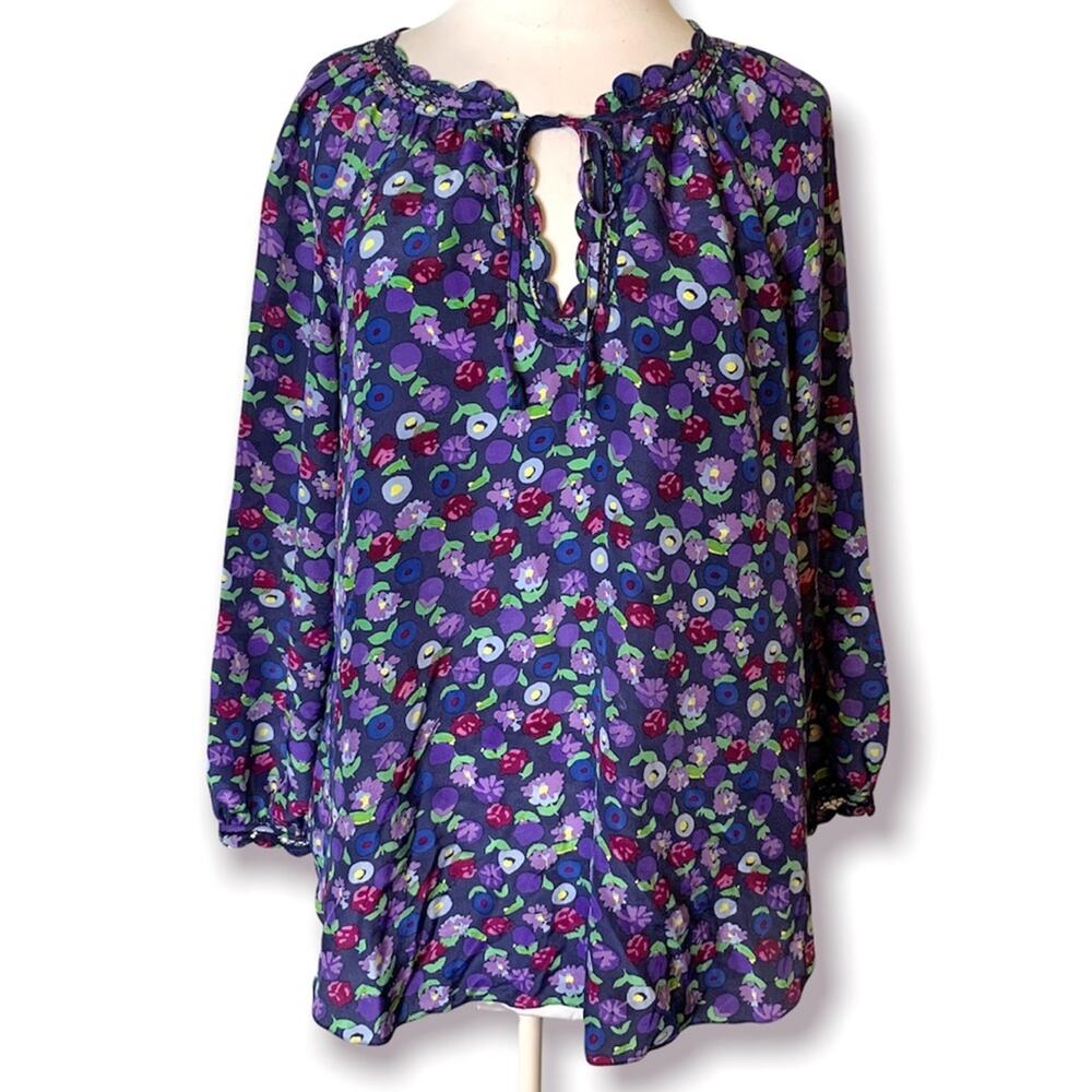 Rebecca Taylor silk floral print scalloped keyhole blouse sz 8